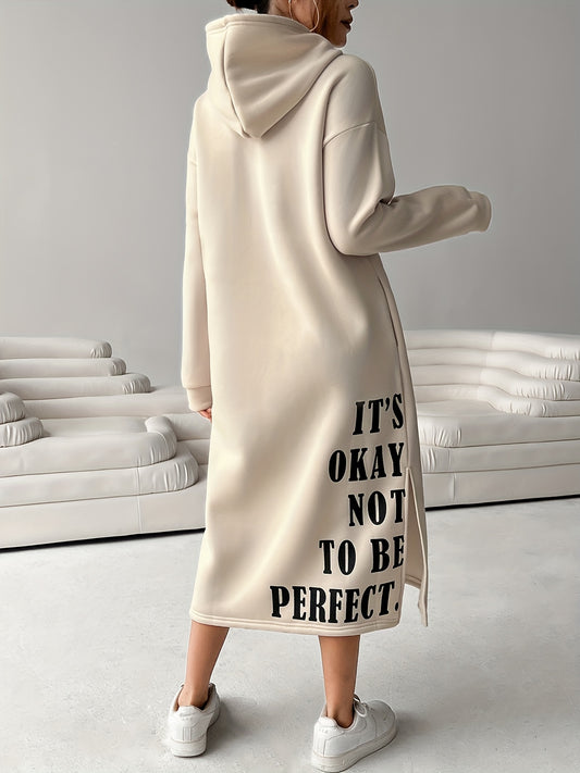 Cozy Letter Print Drawstring Hooded Sweatshirt Dress - Women's Casual Long Sleeve Loose Fit Clothing for Fall & Winter,