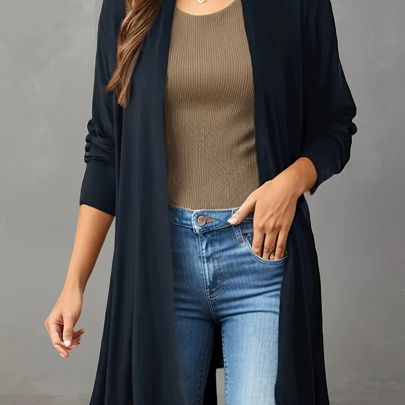 Women's Long Black Cardigan - Casual, Open Front, Lightweight with Asymmetric Hem,