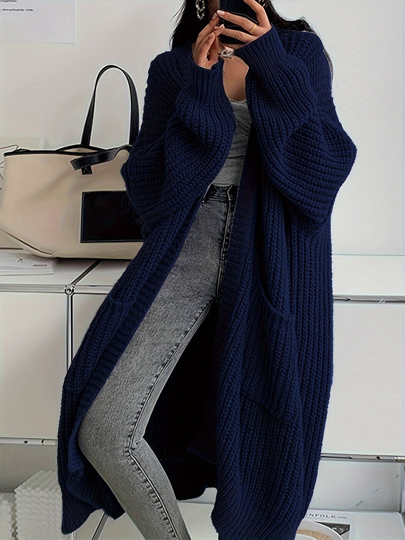 Solid Color Open Front Knitted Cardigan, Casual Long Sleeve Length Cardigan For Spring & Fall, Women's Clothing