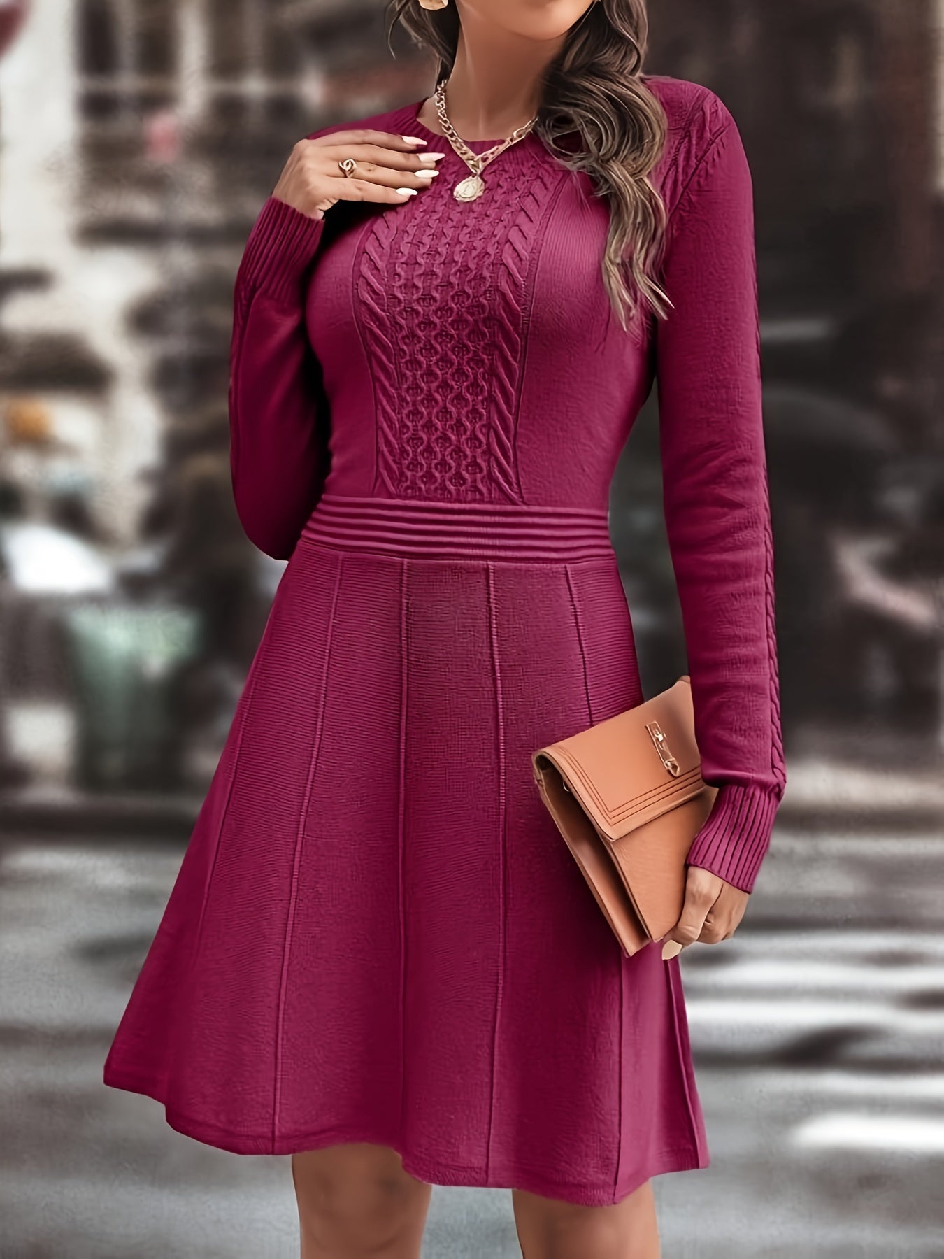 Solid Crew Neck Knitted Dress, Elegant Long Sleeve Ruffle Hem Aline Dress, Women's Clothing