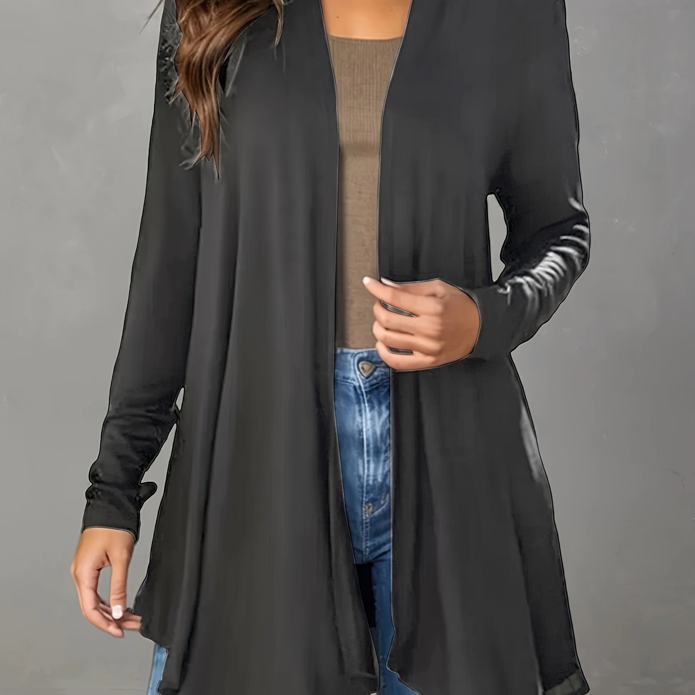 Women's Long Black Cardigan - Casual, Open Front, Lightweight with Asymmetric Hem,