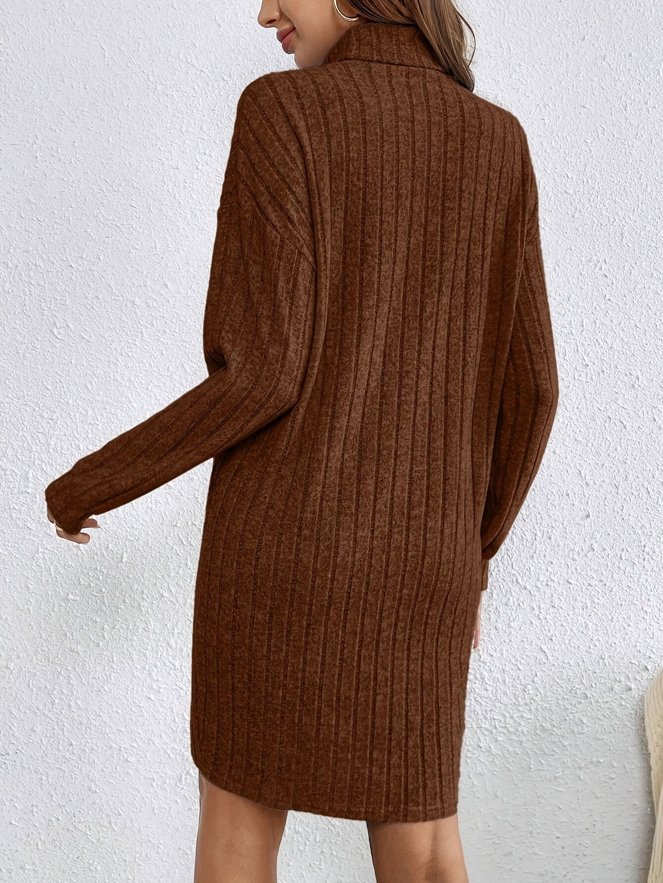 French Solid Color Turtleneck Long-Sleeve Textured Fabric Dress