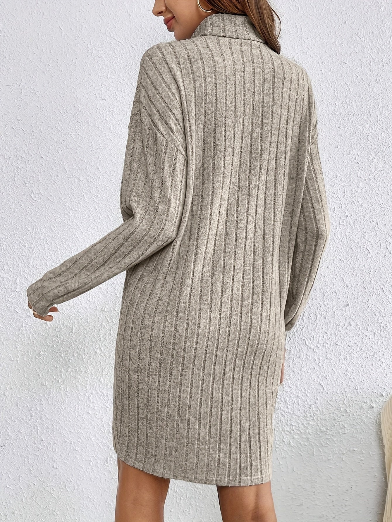 French Solid Color Turtleneck Long-Sleeve Textured Fabric Dress