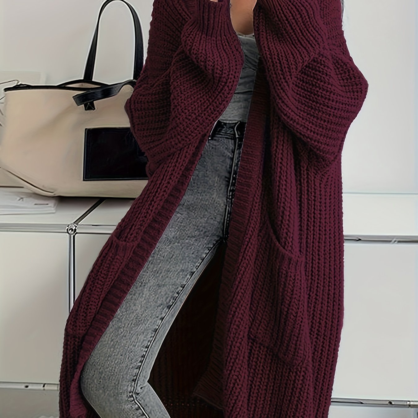 Solid Color Open Front Knitted Cardigan, Casual Long Sleeve Length Cardigan For Spring & Fall, Women's Clothing