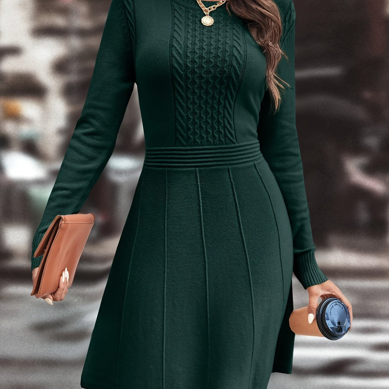 Solid Crew Neck Knitted Dress, Elegant Long Sleeve Ruffle Hem Aline Dress, Women's Clothing