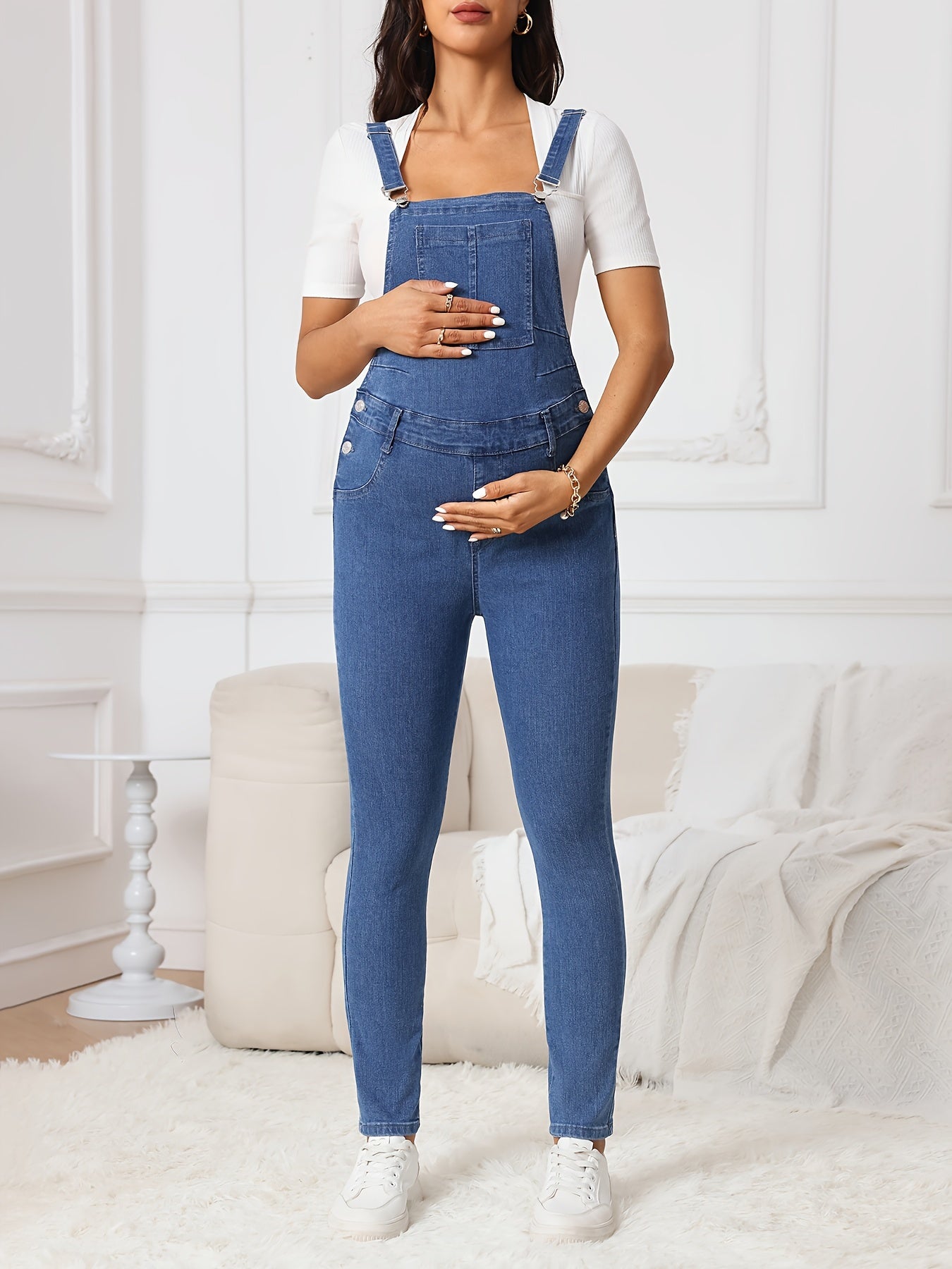 Women's Elegant Maternity Denim Overalls, Breathable Cotton Overalls, Classic Style