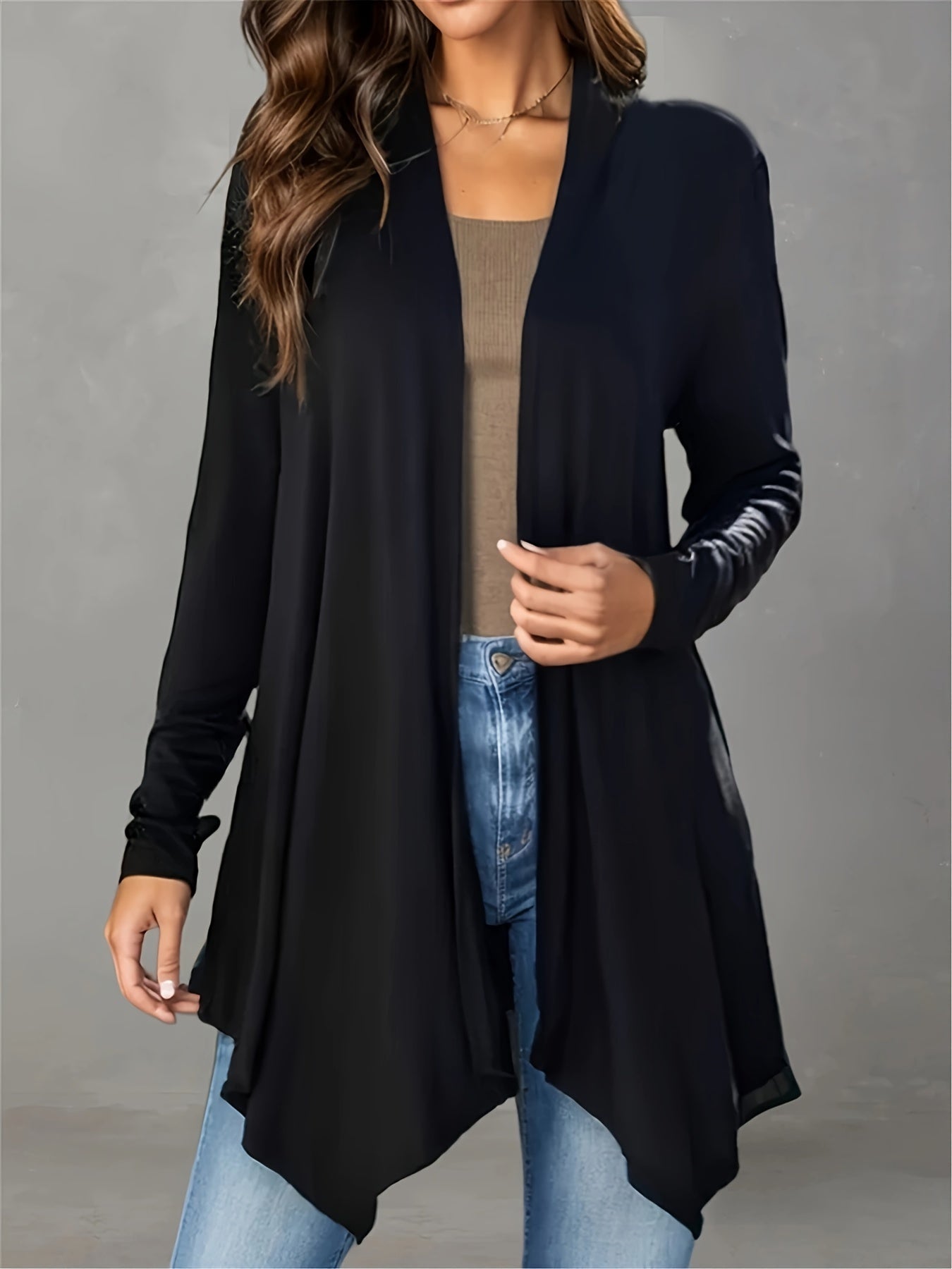 Women's Long Black Cardigan - Casual, Open Front, Lightweight with Asymmetric Hem,