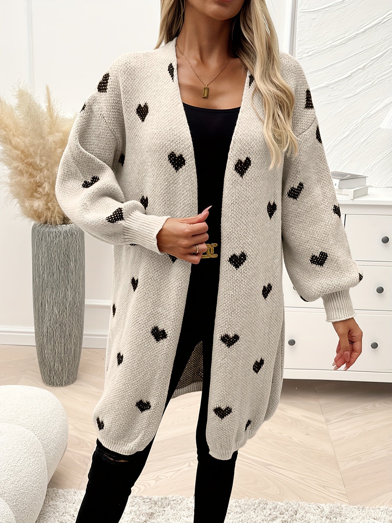 Heart Pattern Open Front Knitted Cardigan, Casual Long Sleeve Drop Shoulder Cardigan For Winter & Fall, Women's Clothing