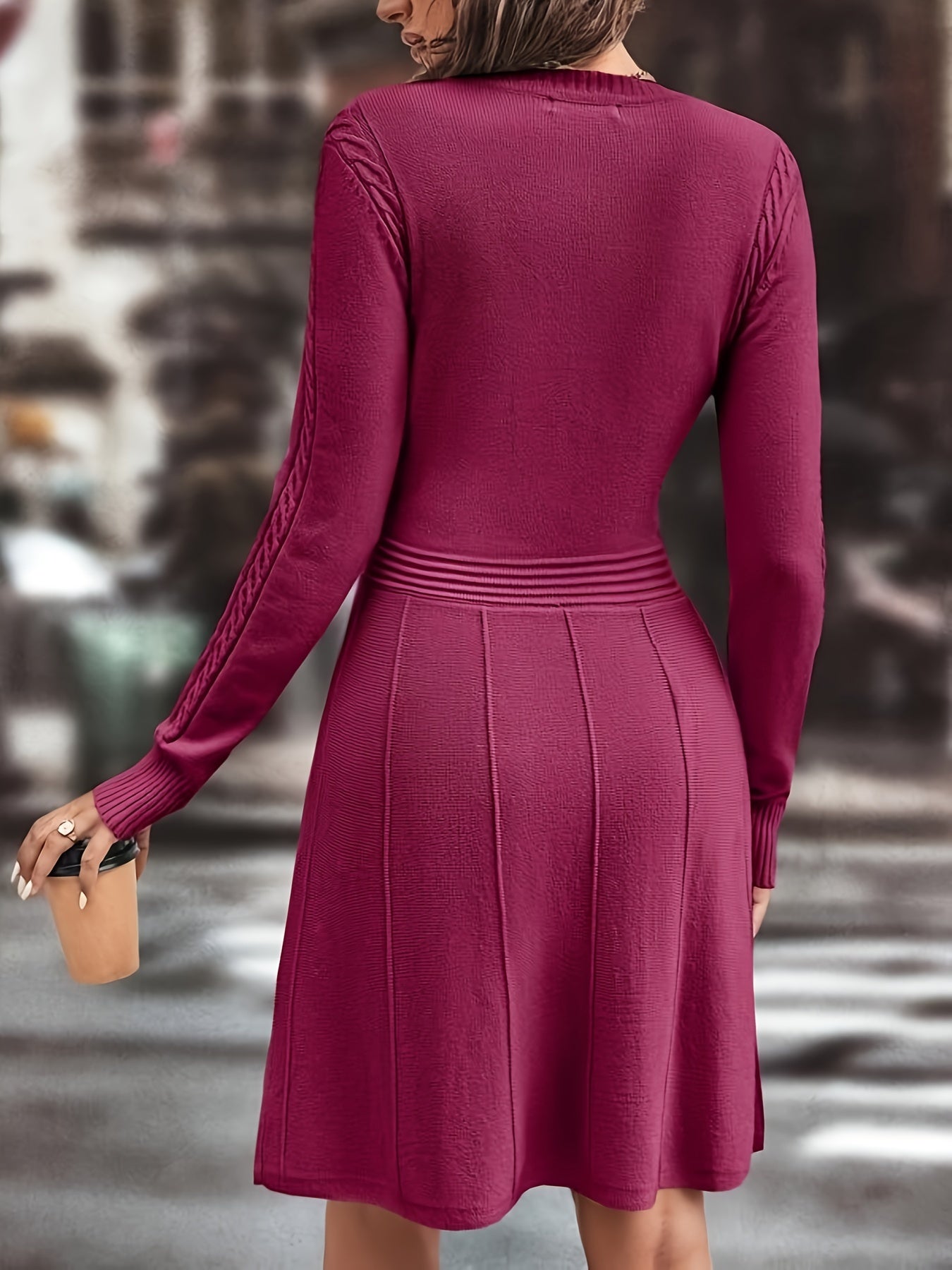 Solid Crew Neck Knitted Dress, Elegant Long Sleeve Ruffle Hem Aline Dress, Women's Clothing