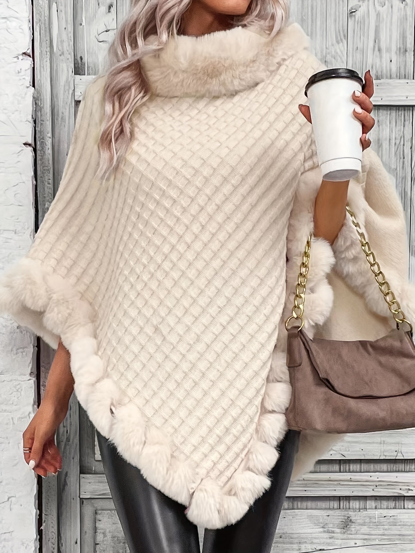 Women's Elegant Cream-Colored Knit Sweater with Faux Fur Trim