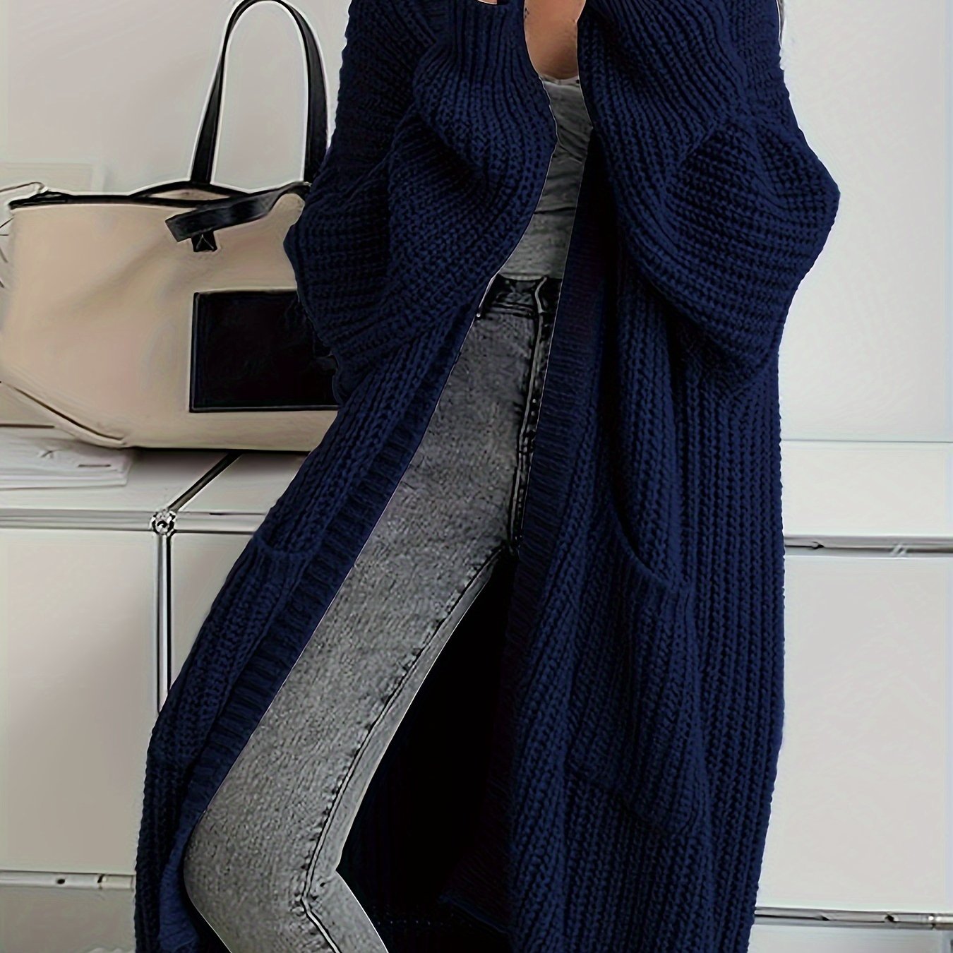 Solid Color Open Front Knitted Cardigan, Casual Long Sleeve Length Cardigan For Spring & Fall, Women's Clothing