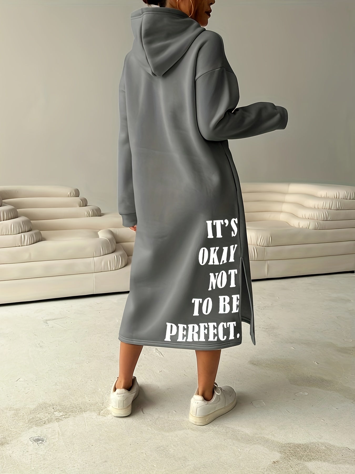 Cozy Letter Print Drawstring Hooded Sweatshirt Dress - Women's Casual Long Sleeve Loose Fit Clothing for Fall & Winter,