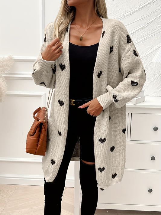 Heart Pattern Open Front Knitted Cardigan, Casual Long Sleeve Drop Shoulder Cardigan For Winter & Fall, Women's Clothing