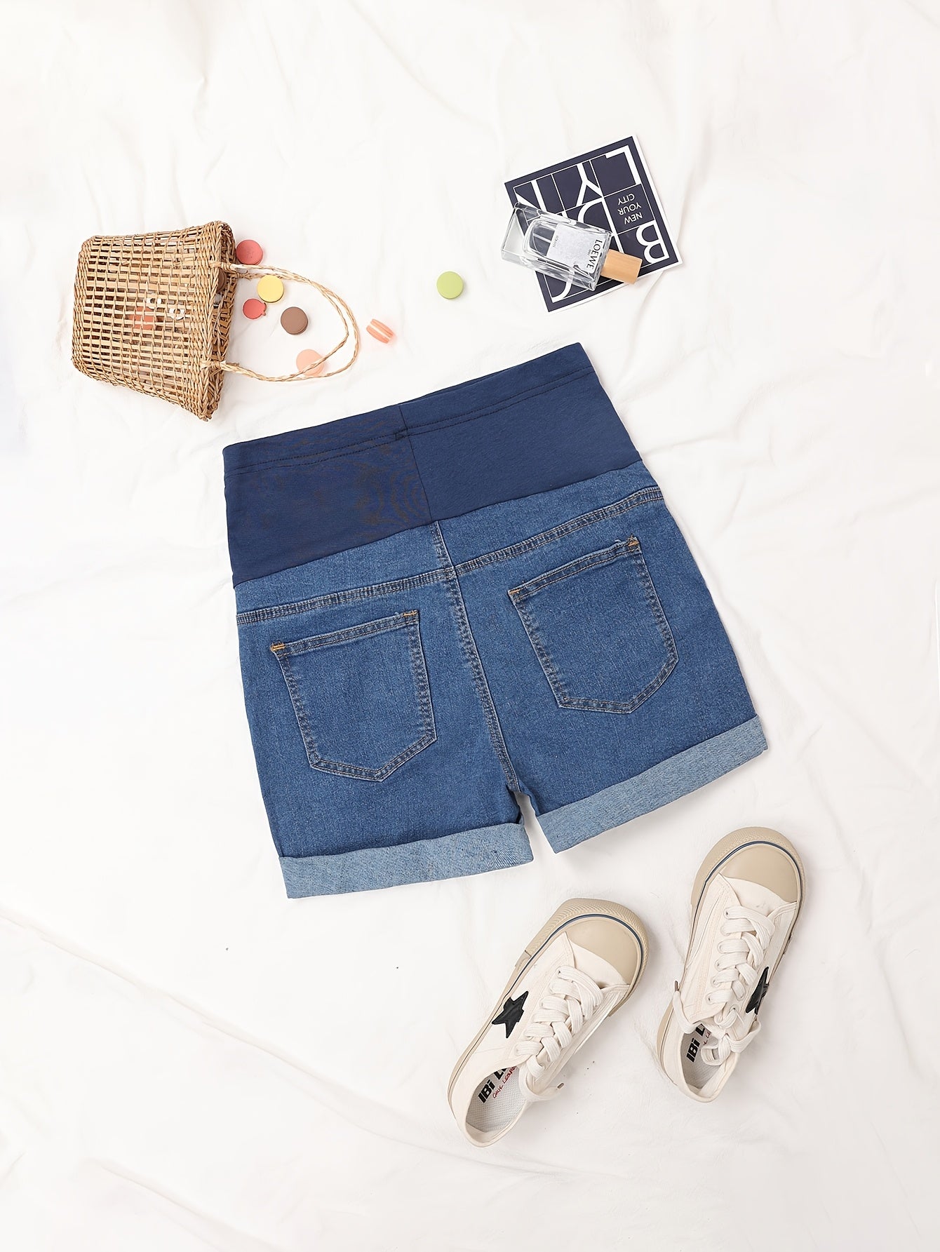 Elegant Maternity Denim Shorts in Deep Blue - Stretchy, Comfort Fit with Rolled Hem for Pregnant Women