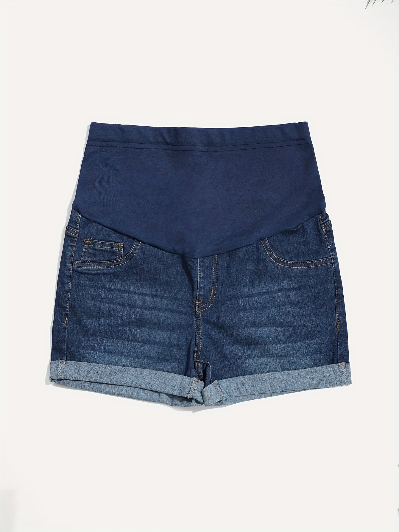 Elegant Maternity Denim Shorts in Deep Blue - Stretchy, Comfort Fit with Rolled Hem for Pregnant Women