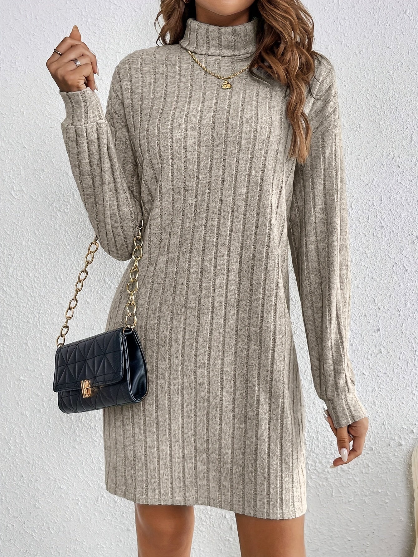 French Solid Color Turtleneck Long-Sleeve Textured Fabric Dress