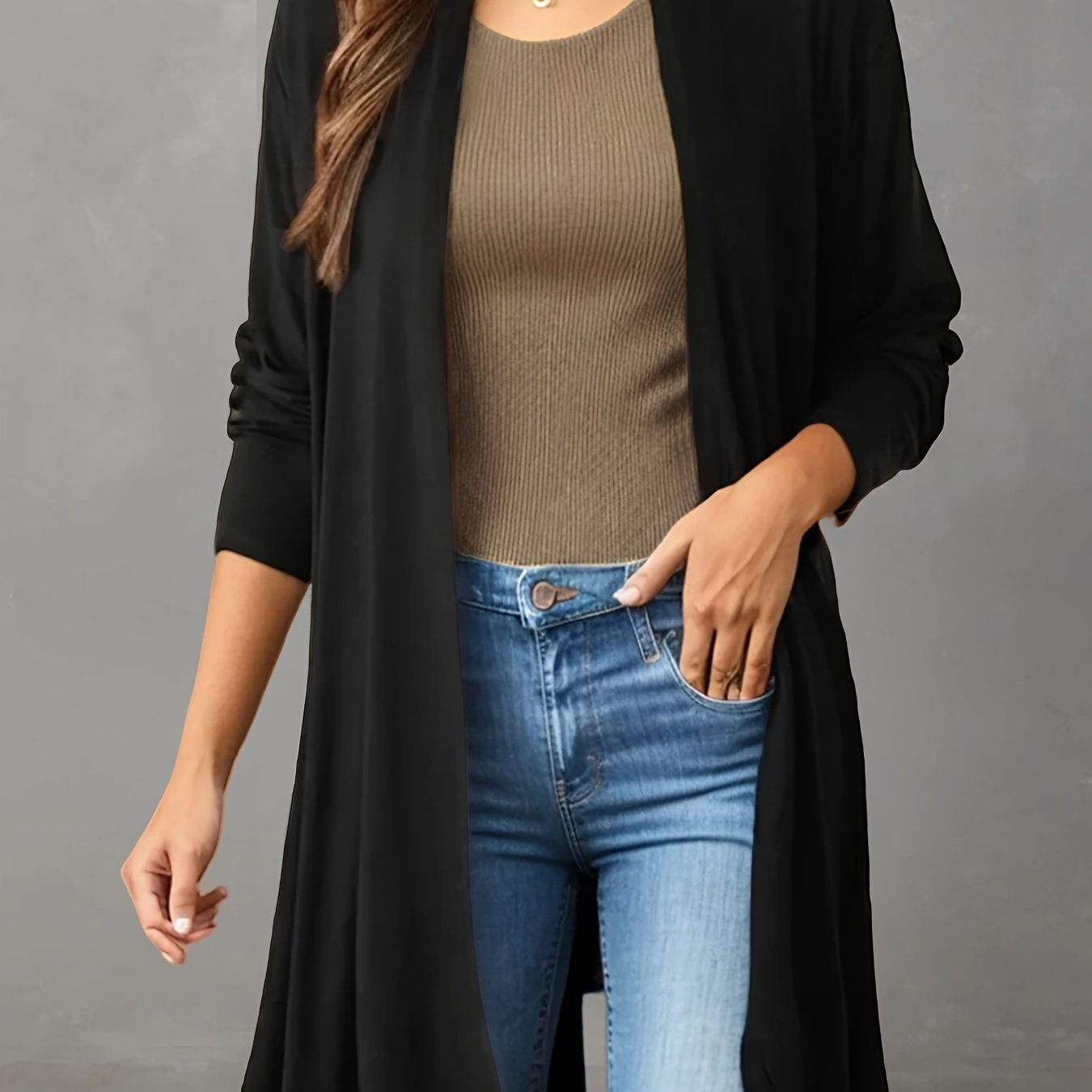 Women's Long Black Cardigan - Casual, Open Front, Lightweight with Asymmetric Hem,