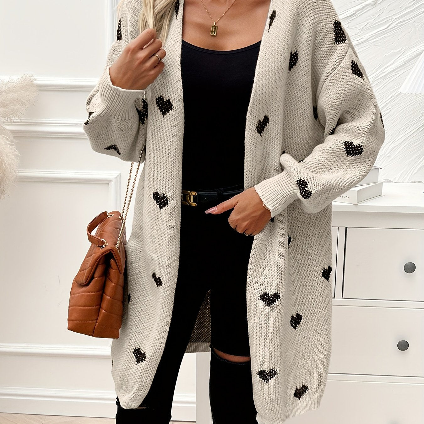 Heart Pattern Open Front Knitted Cardigan, Casual Long Sleeve Drop Shoulder Cardigan For Winter & Fall, Women's Clothing