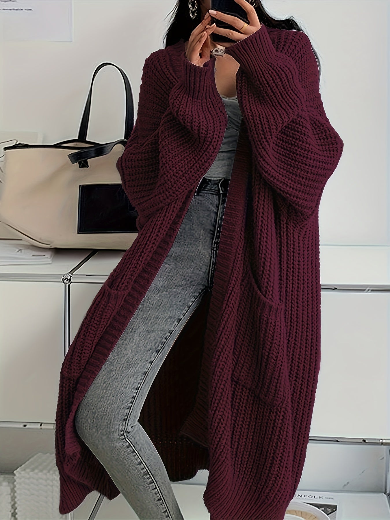 Solid Color Open Front Knitted Cardigan, Casual Long Sleeve Length Cardigan For Spring & Fall, Women's Clothing