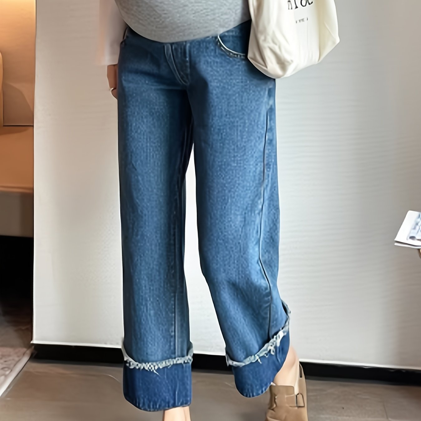 Retro Spliced Maternity Jeans - Fashionable Straight-Leg Nine-Inch Pants, Non-Stretch Denim, Machine Washable, Outerwear, Tube Pants