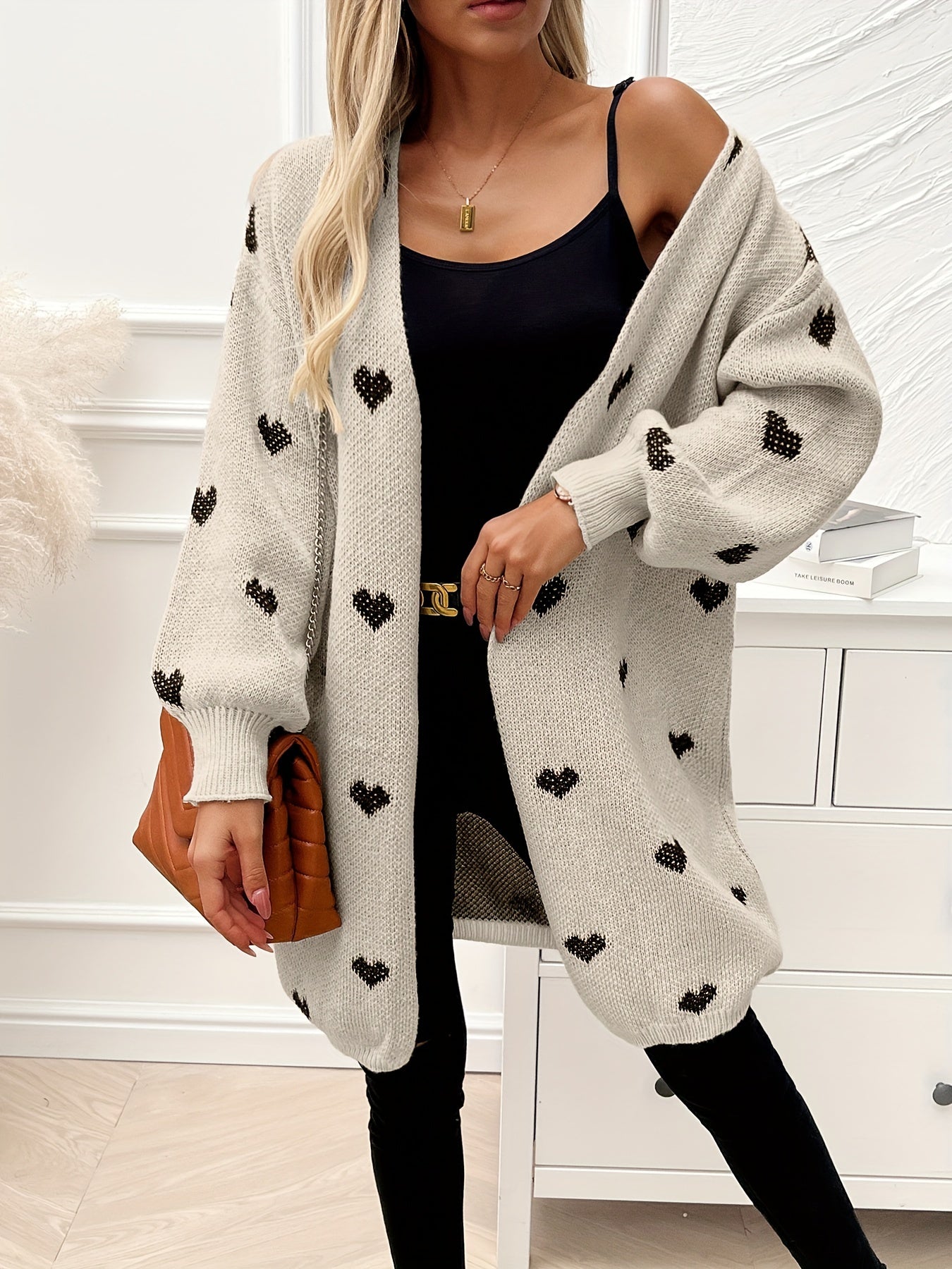 Heart Pattern Open Front Knitted Cardigan, Casual Long Sleeve Drop Shoulder Cardigan For Winter & Fall, Women's Clothing