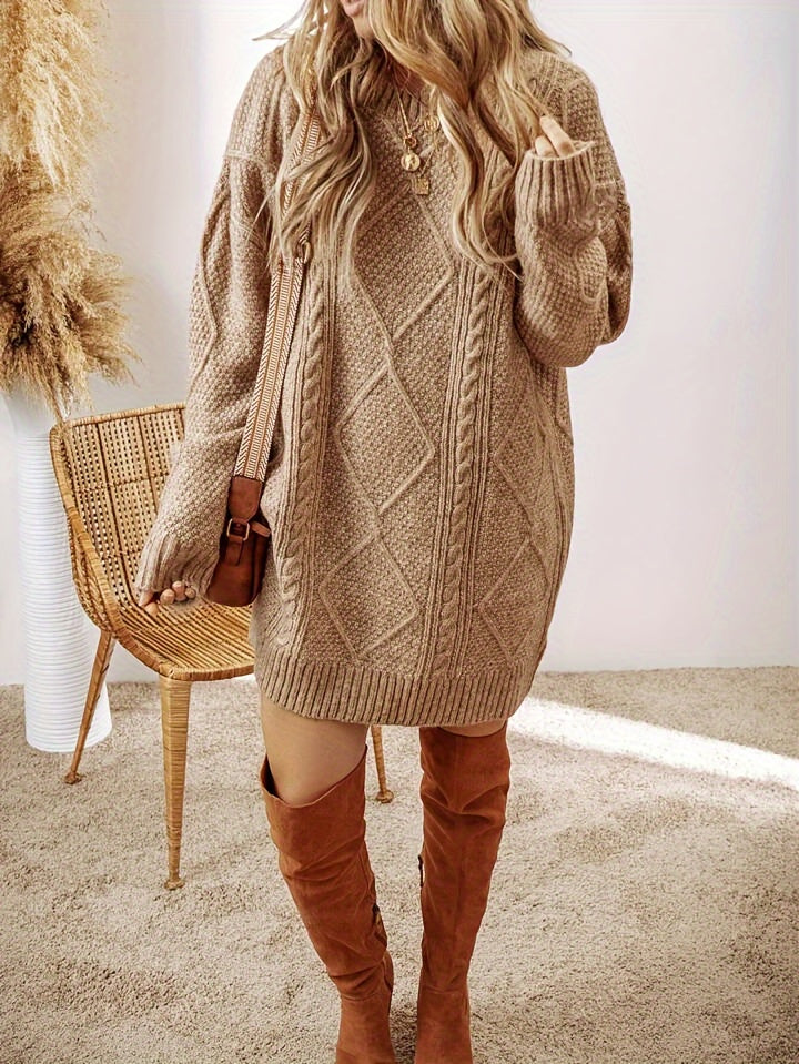 Cozy Comfort, Solid Color Cable Knit Dress, Elegant Long Sleeve Loose Fit Dress for Fall ＆ Winter, Women's Clothing