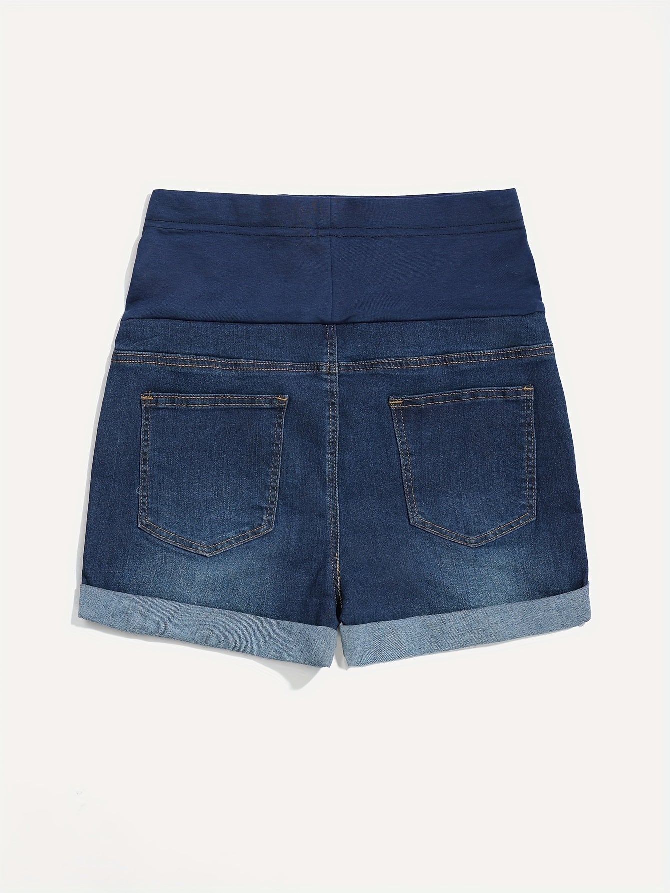 Elegant Maternity Denim Shorts in Deep Blue - Stretchy, Comfort Fit with Rolled Hem for Pregnant Women