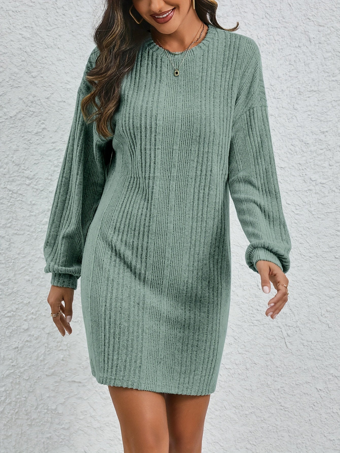 Elegant Knit Dress for Women - Solid Color Pencil Dress with Long Sleeves, Perfect for Spring/Fall Season