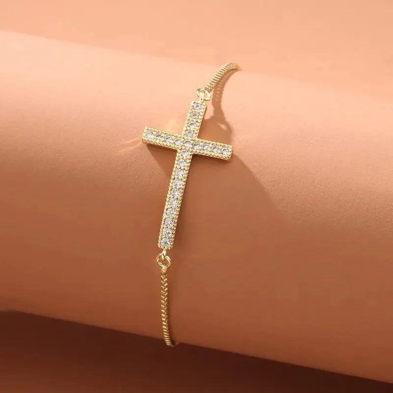 Stylish Copper Set Zirconium Cross Bracelet  WOMEN'S Gold Silver Color