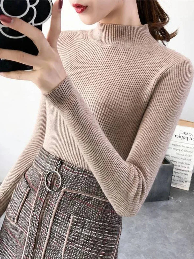 Autumn Winter Mock Neck Women Sweater Vintage Basic Solid Knitted Tops Casual Slim