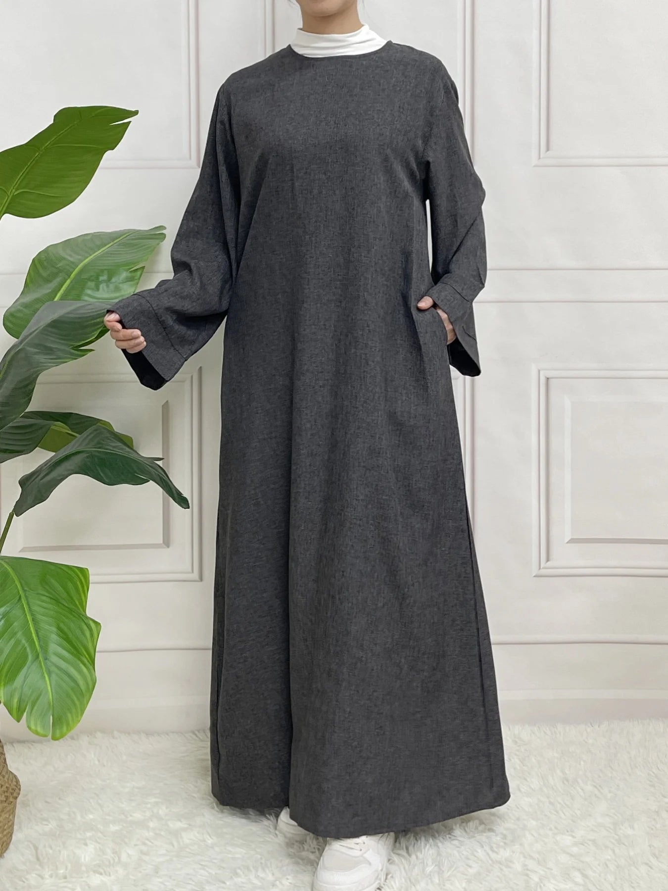 Modest Closed Plain Long Sleeve Abaya Without Hijab With Belt