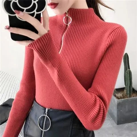 Knitted Women Zipper Half High Neck Sweater Pullovers Autumn Winter Basic Women