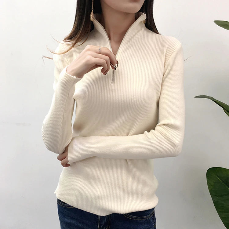 Knitted Women Zipper Half High Neck Sweater Pullovers Autumn Winter Basic Women