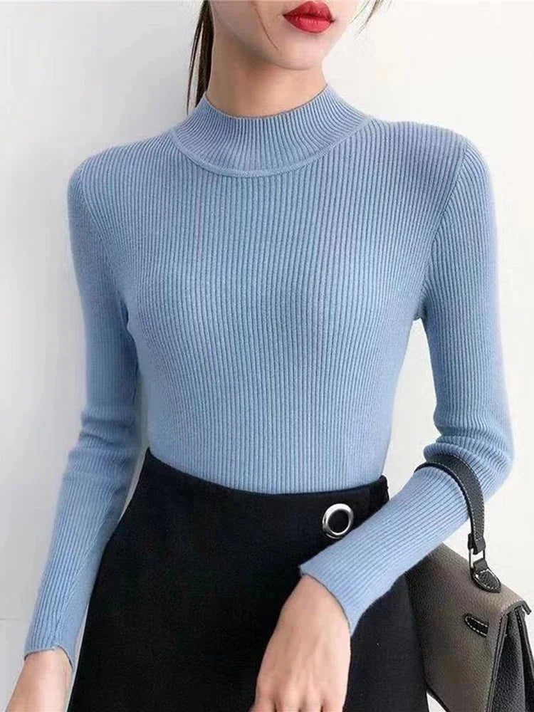 Autumn Winter Mock Neck Women Sweater Vintage Basic Solid Knitted Tops Casual Slim