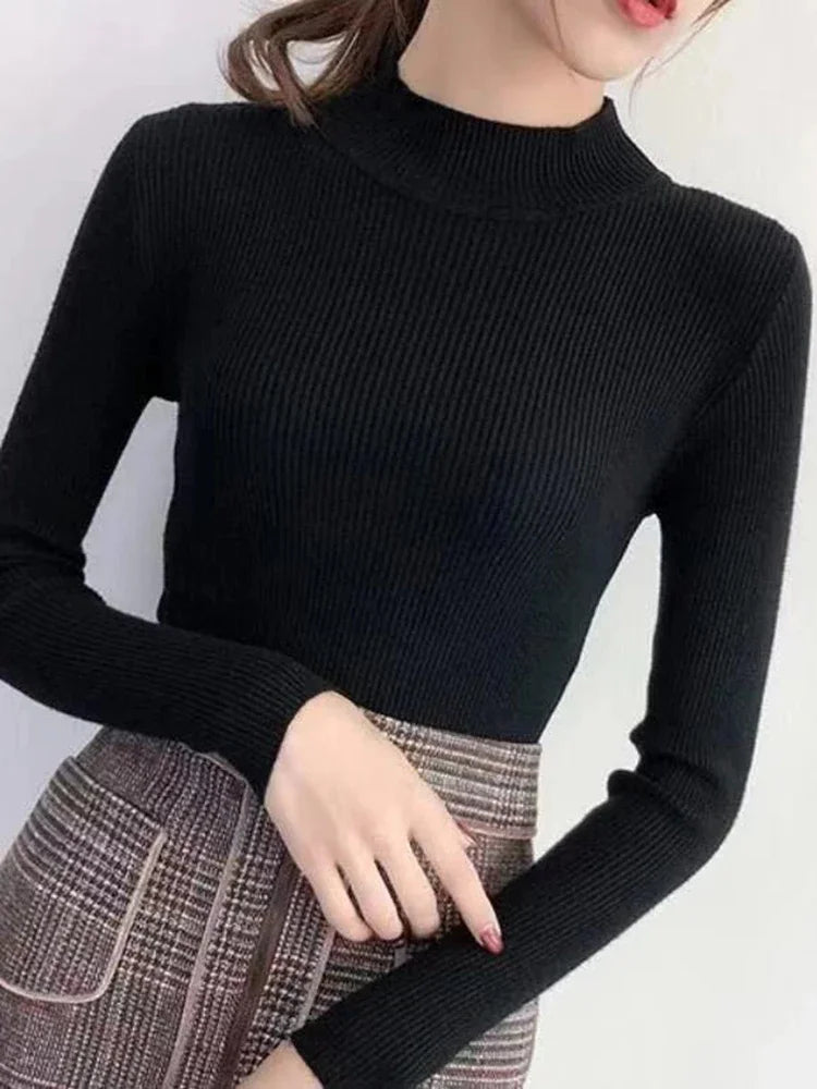 Autumn Winter Mock Neck Women Sweater Vintage Basic Solid Knitted Tops Casual Slim