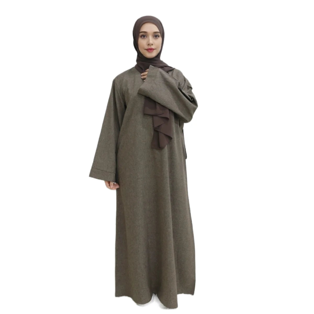 Modest Closed Plain Long Sleeve Abaya Without Hijab With Belt