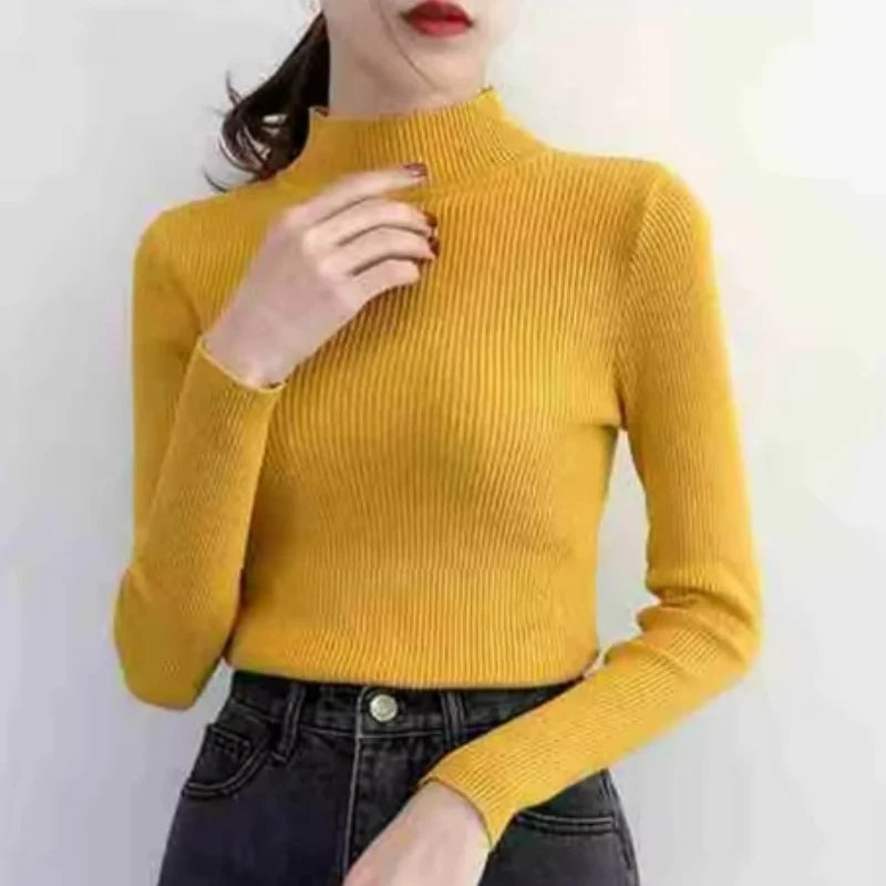 Autumn Winter Mock Neck Women Sweater Vintage Basic Solid Knitted Tops Casual Slim