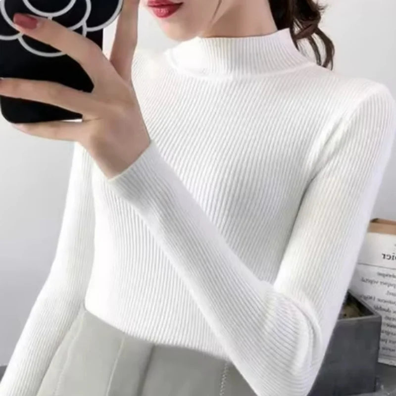 Autumn Winter Mock Neck Women Sweater Vintage Basic Solid Knitted Tops Casual Slim