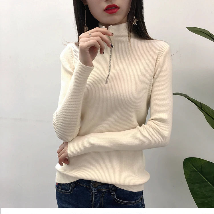 Knitted Women Zipper Half High Neck Sweater Pullovers Autumn Winter Basic Women