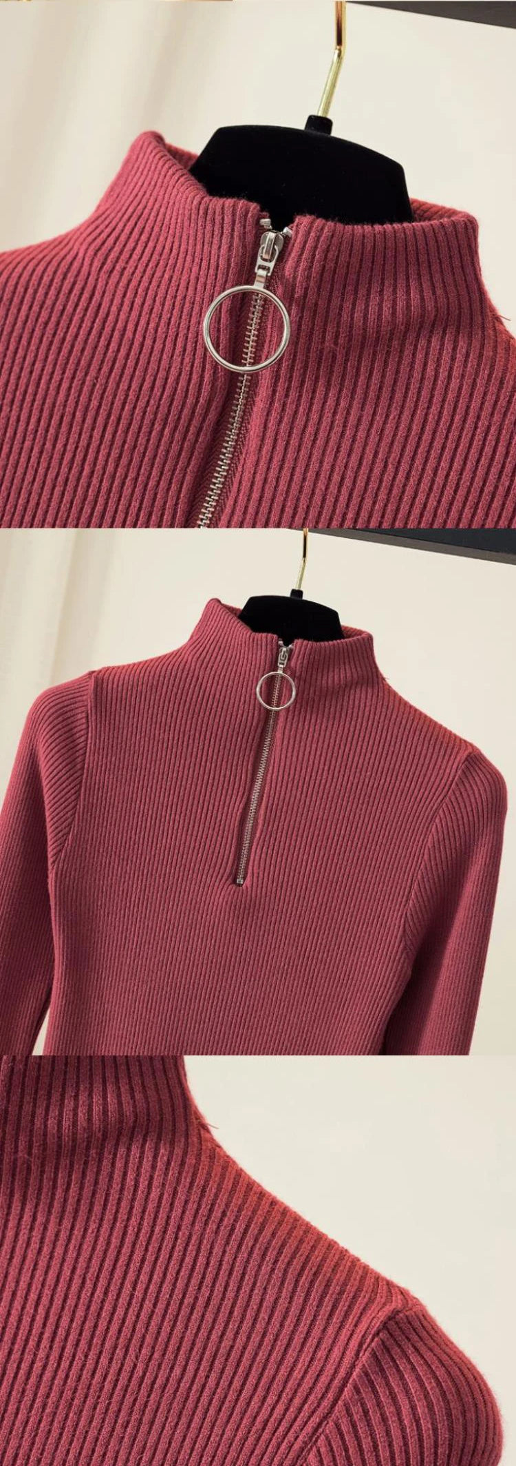 Knitted Women Zipper Half High Neck Sweater Pullovers Autumn Winter Basic Women