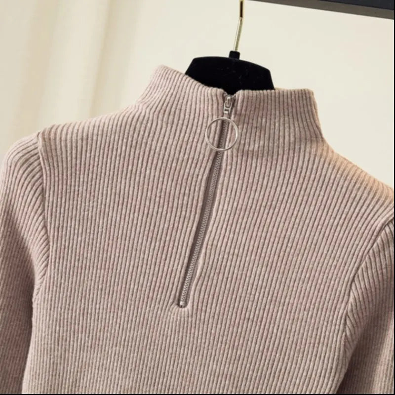 Knitted Women Zipper Half High Neck Sweater Pullovers Autumn Winter Basic Women