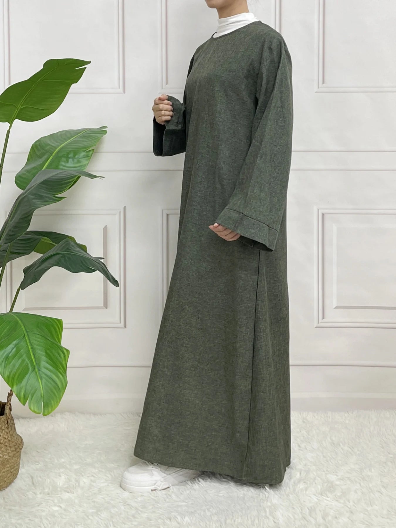 Modest Closed Plain Long Sleeve Abaya Without Hijab With Belt