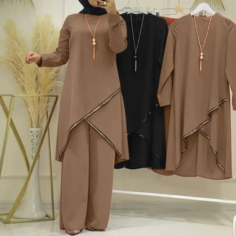 Women Eid Musulman Ensemble Muslim Sets Solid Blouses Wide Leg Pants Ramadan Morocco Two Pieces