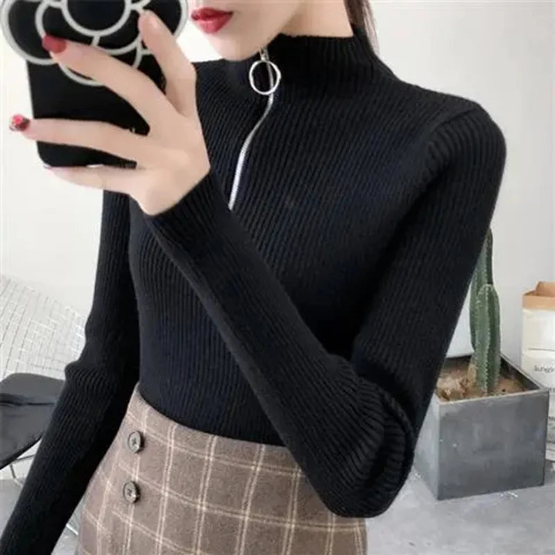 Knitted Women Zipper Half High Neck Sweater Pullovers Autumn Winter Basic Women