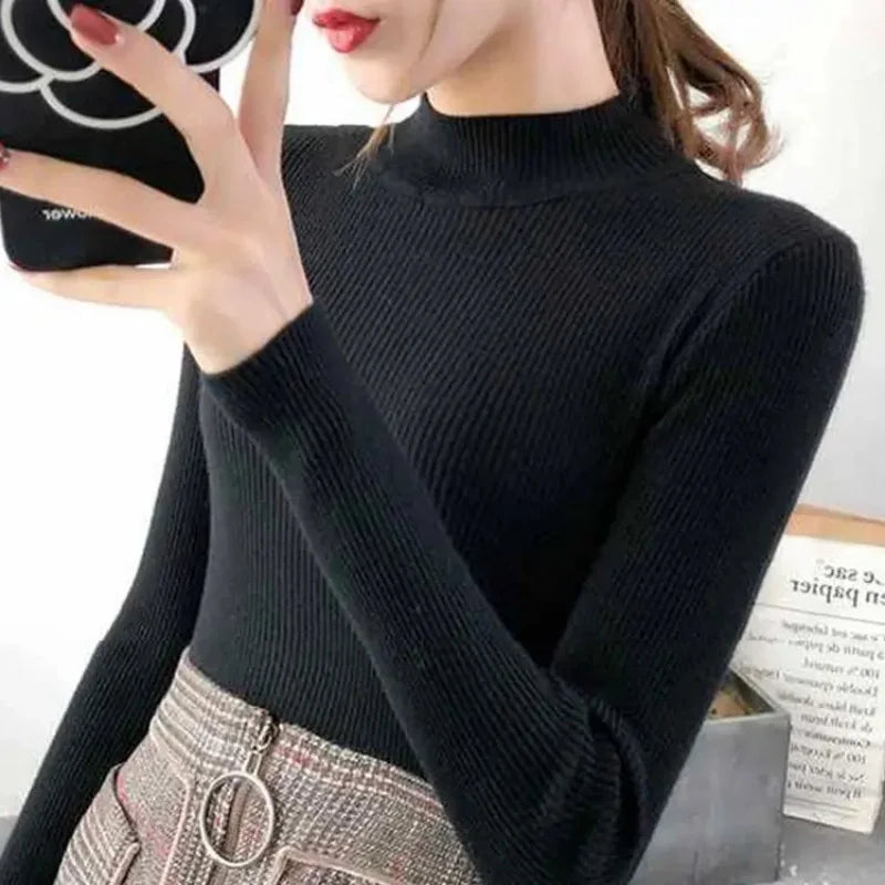 Autumn Winter Mock Neck Women Sweater Vintage Basic Solid Knitted Tops Casual Slim