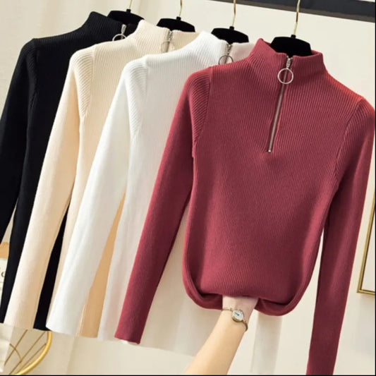 Knitted Women Zipper Half High Neck Sweater Pullovers Autumn Winter Basic Women