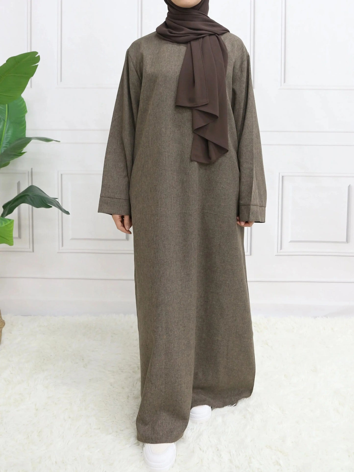 Modest Closed Plain Long Sleeve Abaya Without Hijab With Belt