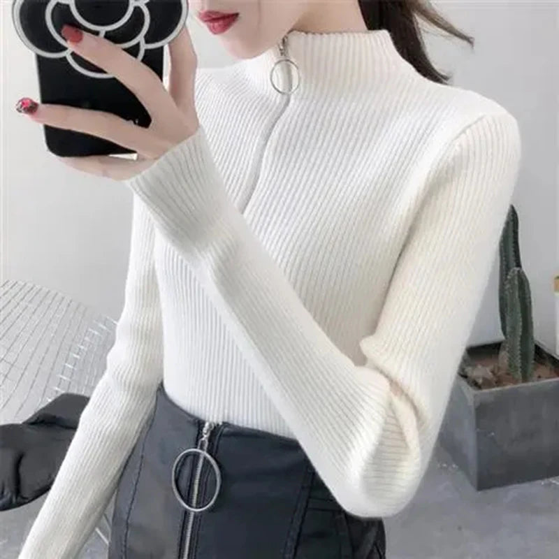 Knitted Women Zipper Half High Neck Sweater Pullovers Autumn Winter Basic Women