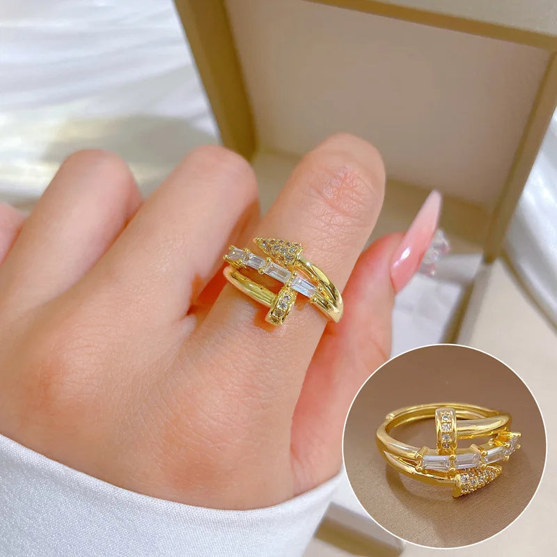 Nail Copper Zirconia Adjustable Rings For Women Fashion Gold Color