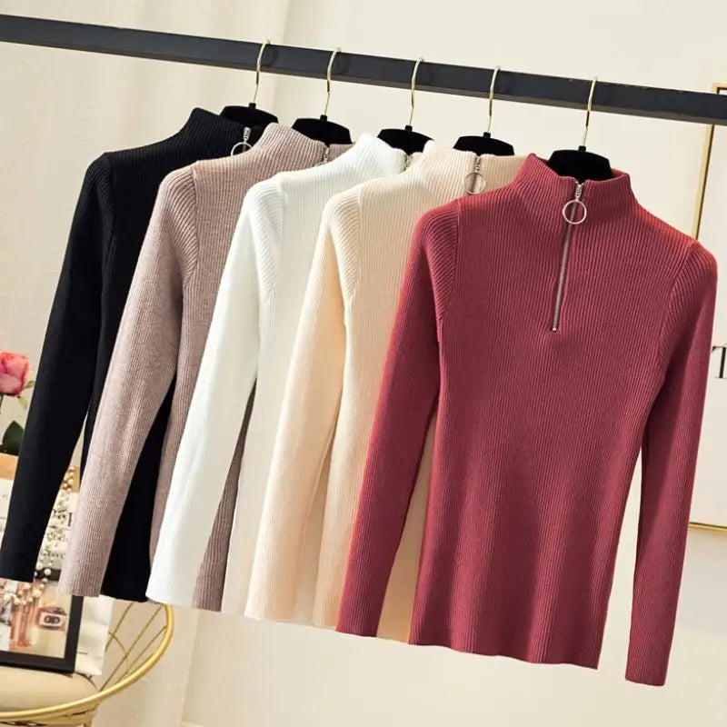 Knitted Women Zipper Half High Neck Sweater Pullovers Autumn Winter Basic Women